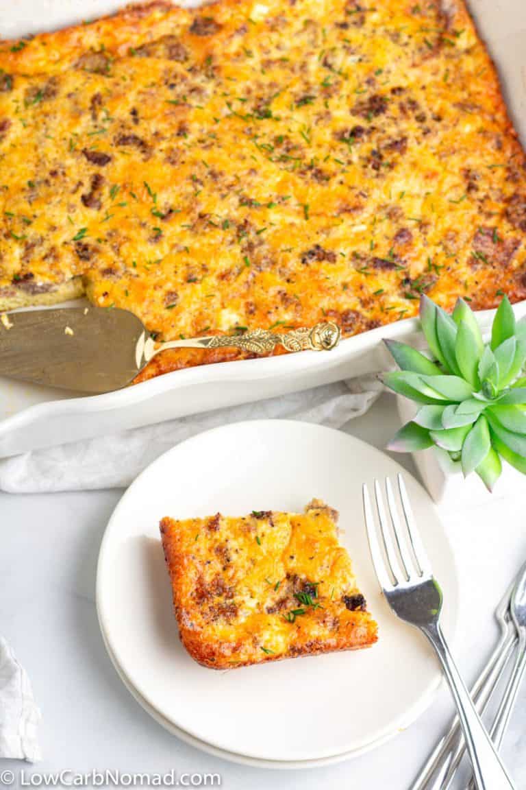 Easy Low Carb Breakfast Casserole with Eggs, Bacon, Cheese and Sausage • Low Carb Nomad