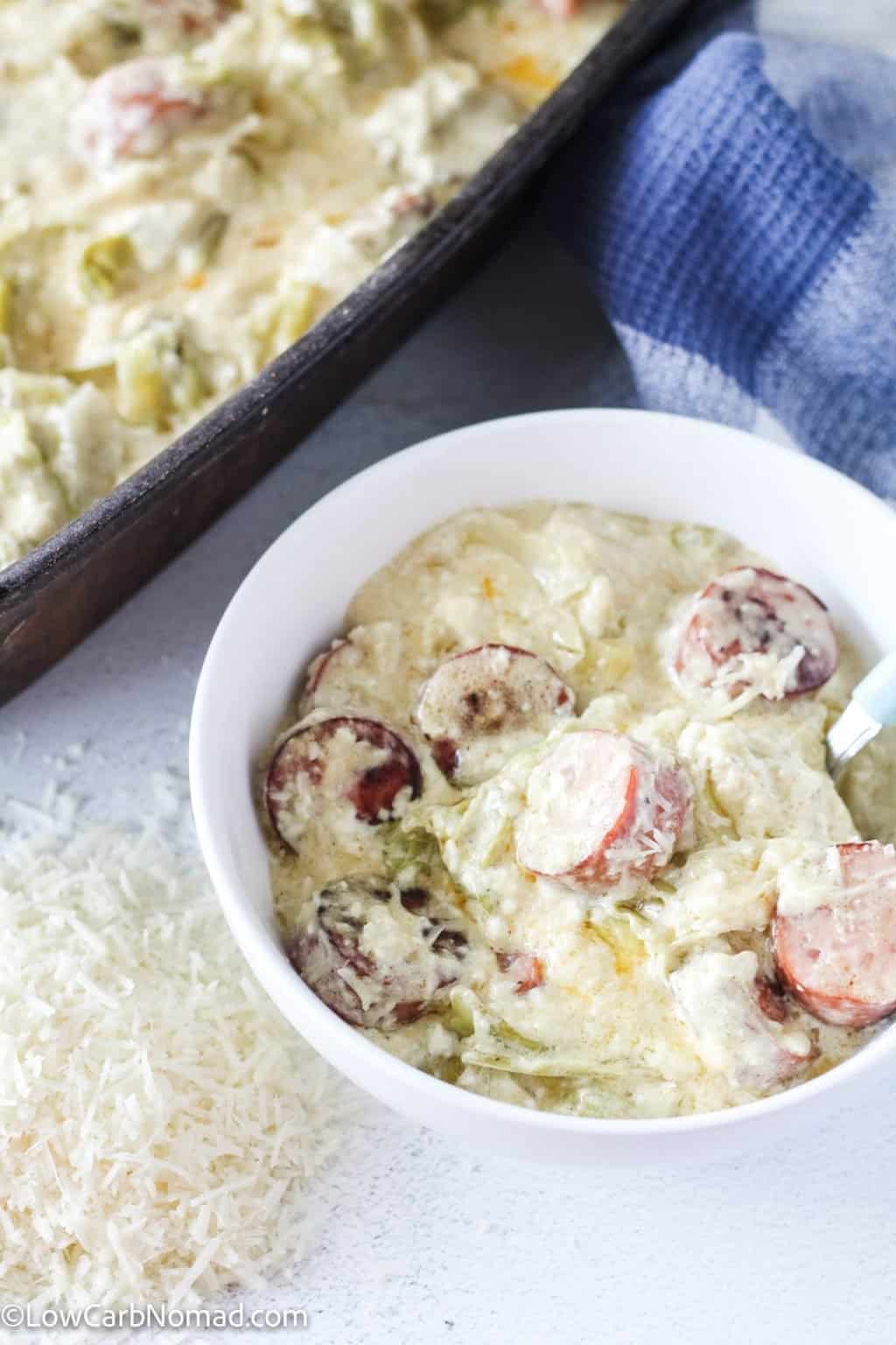 Keto Fettuccine Alfredo with Sausage and Cabbage Noodles